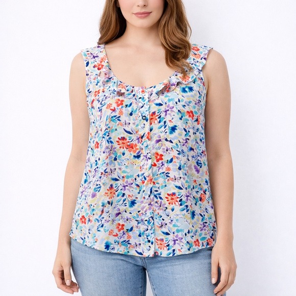 The Limited Tops - The Limited Floral Ruffle Sleeveless Blouse Size M Multicolor Preppy Summer